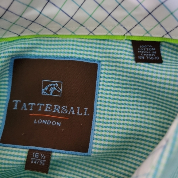 TATTERSALL London Men Button Down Shirt Sz 161/2 Green/White Stripe 100% Cotton - Picture 8 of 10